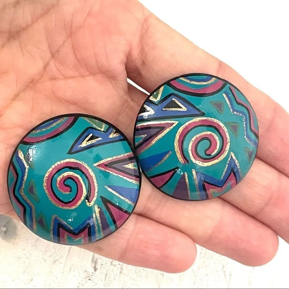 Large teal swirl pattern round statement earrings